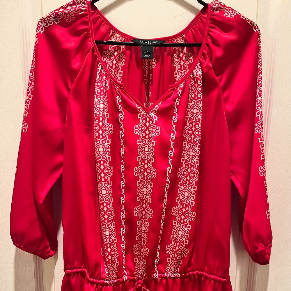 White House Black Market Red Silky Boho Peasant Blouse - Size 8